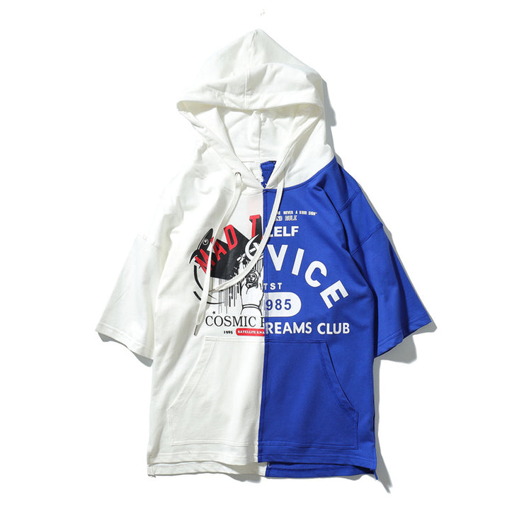 Men's white stitching blue drawstring hoodie t-shirts Hip Hop Streetwear Fashion letters printed summer loose t shirt tee tops