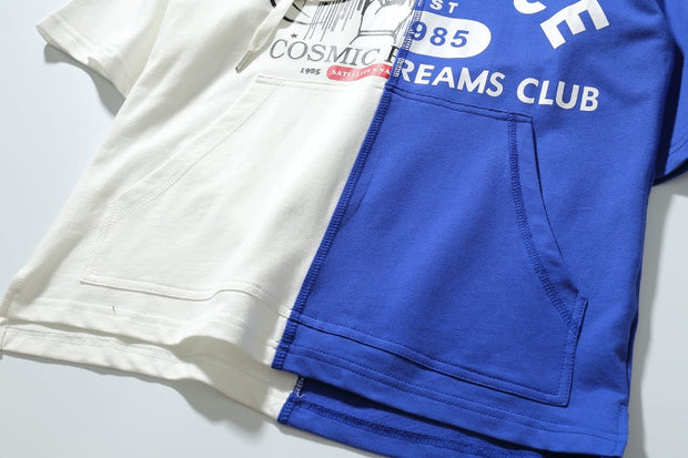 Men's white stitching blue drawstring hoodie t-shirts Hip Hop Streetwear Fashion letters printed summer loose t shirt tee tops