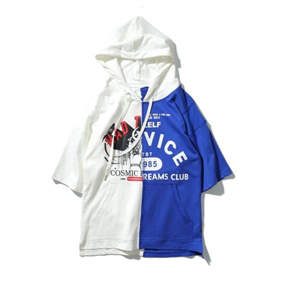 Men's white stitching blue drawstring hoodie t-shirts Hip Hop Streetwear Fashion letters printed summer loose t shirt tee tops