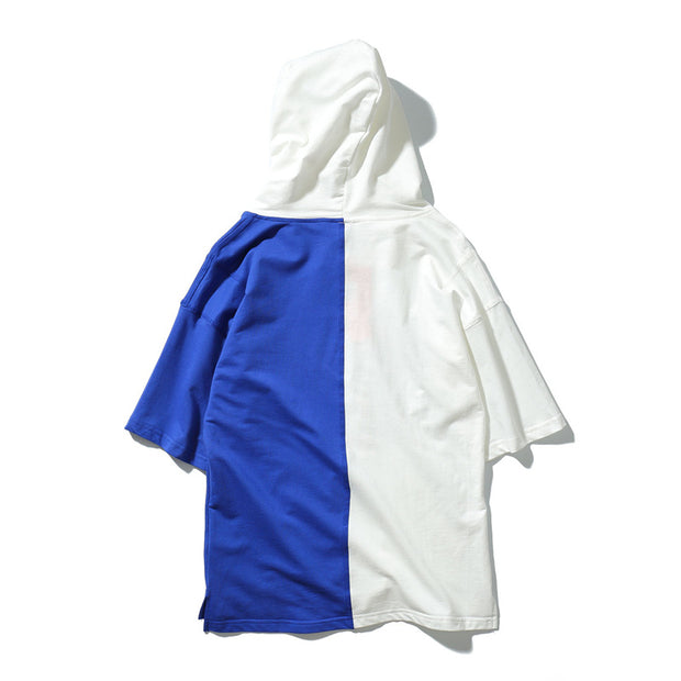 Men's white stitching blue drawstring hoodie t-shirts Hip Hop Streetwear Fashion letters printed summer loose t shirt tee tops