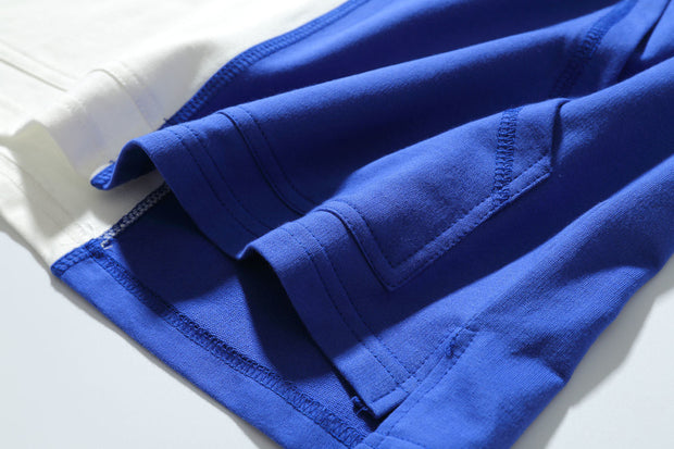 Men's white stitching blue drawstring hoodie t-shirts Hip Hop Streetwear Fashion letters printed summer loose t shirt tee tops