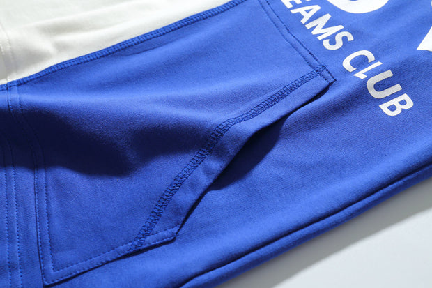 Men's white stitching blue drawstring hoodie t-shirts Hip Hop Streetwear Fashion letters printed summer loose t shirt tee tops