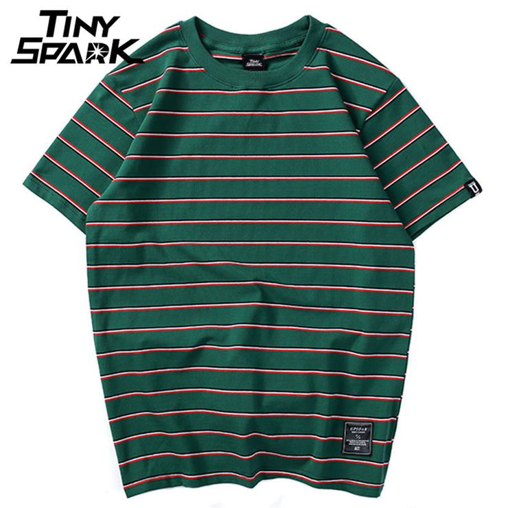 Harajuku Stripe T Shirt 2018 Men Casual T-Shirt Short Sleeve Summer Hip Hop Tshirt Streetwear Casual Tops Tees Black White Green
