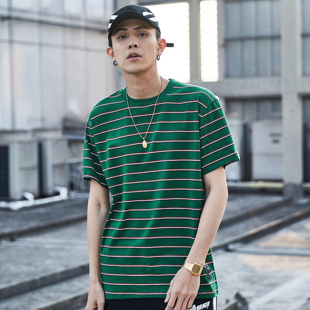 Harajuku Stripe T Shirt 2018 Men Casual T-Shirt Short Sleeve Summer Hip Hop Tshirt Streetwear Casual Tops Tees Black White Green